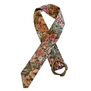 Vintage Floral Tapestry Belt 40.5" Boho Statement Wide Carpet Belt Brass Buckle
